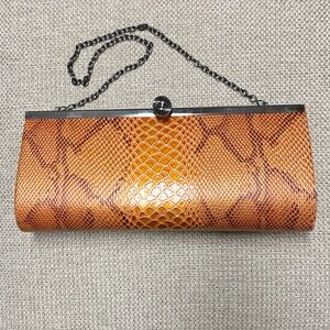 Snakeskin Clutch Bag by Lapis, EUC, Orange/Brown metallic rigid body, open int